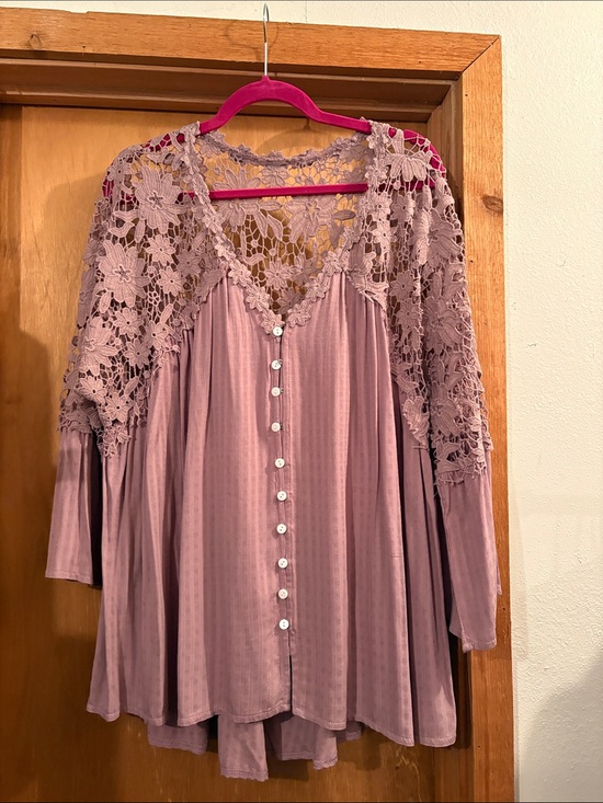 Tops - Lace Yoke Button-Front Mauve Top